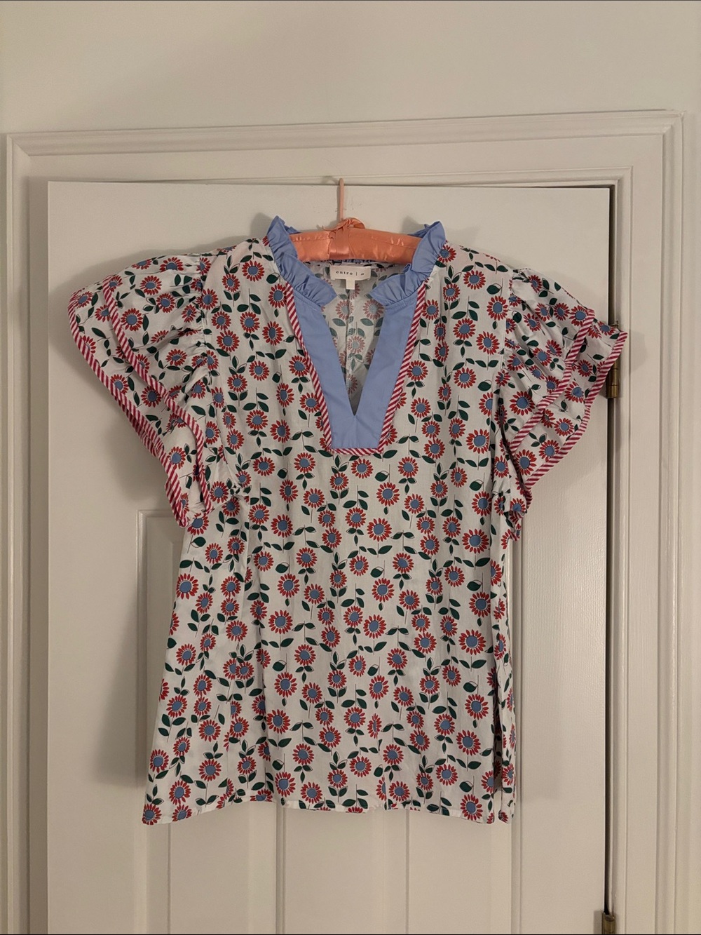 entro Floral Print Blouse with Striped Trim and Pale Blue Accents